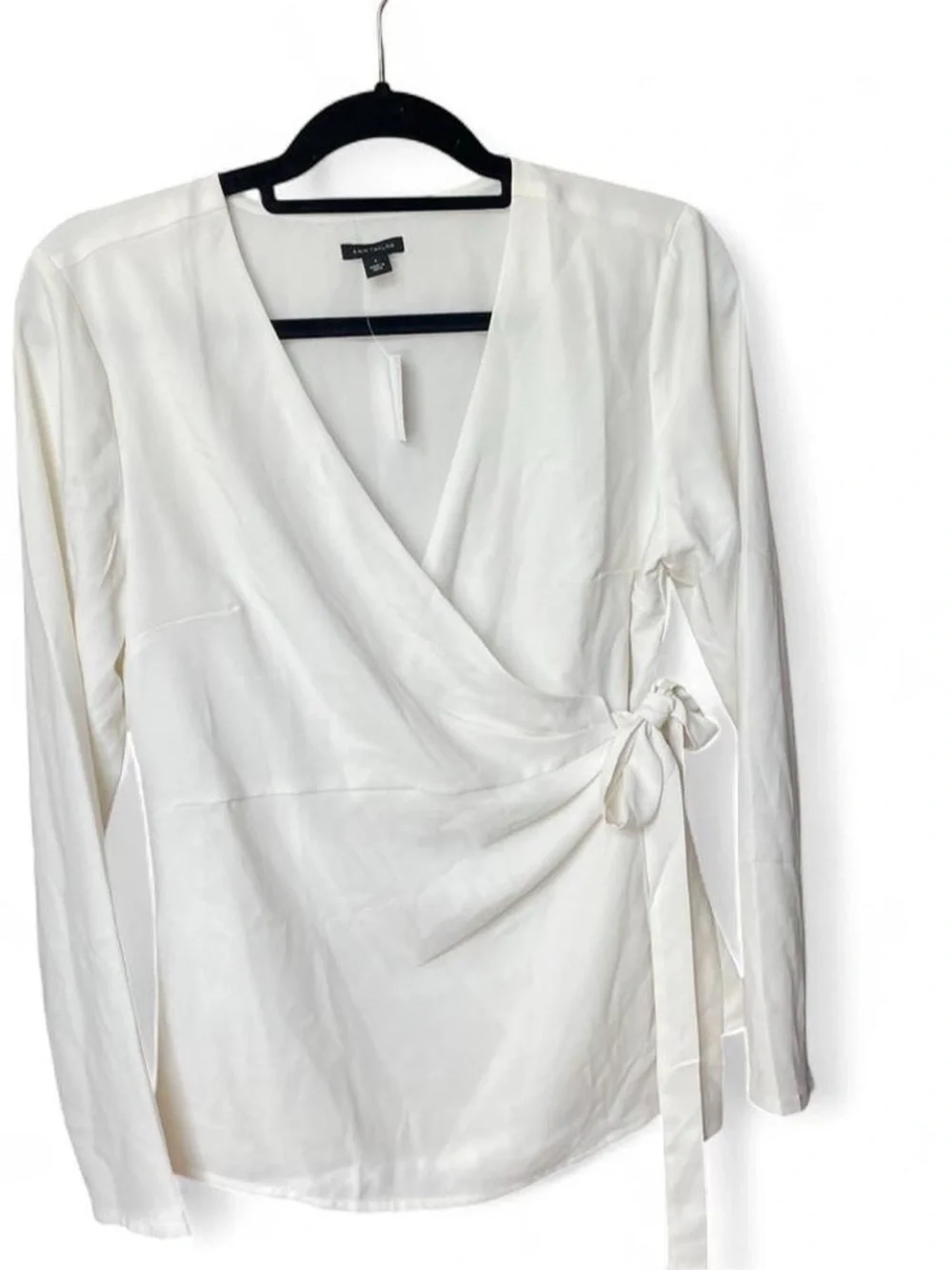 Ann Taylor White Wrap-Front Long Sleeve Blouse